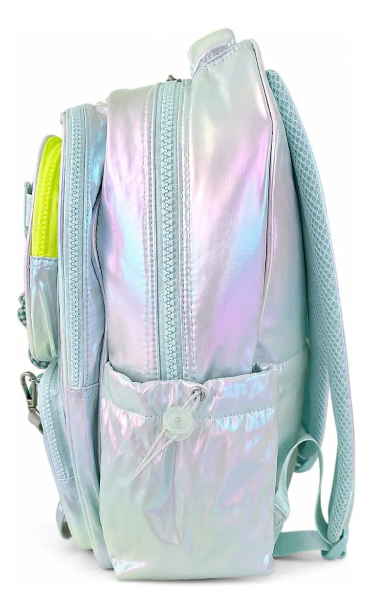 Mochila Escolar Lluvia Menta Tornasol Con Compartimiento Antirrobo