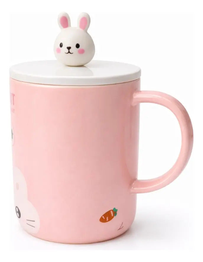 Taza Con Tapa Decorativa De Animales 380ml Marca Lluvia