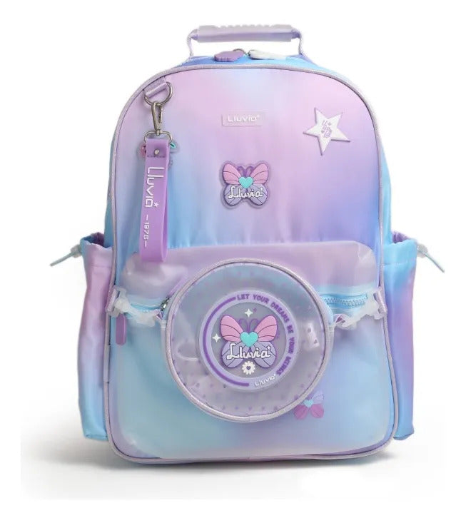 Set Mochila Primaria Mariposas Tornasol Lila Tres Piezas