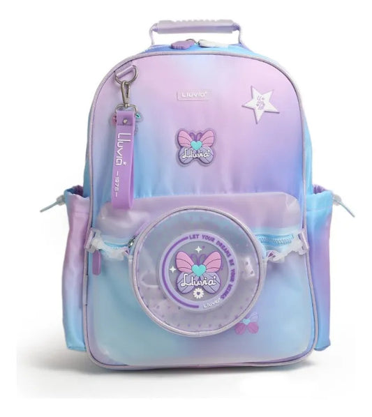 Set Mochila Primaria Mariposas Tornasol Lila Tres Piezas