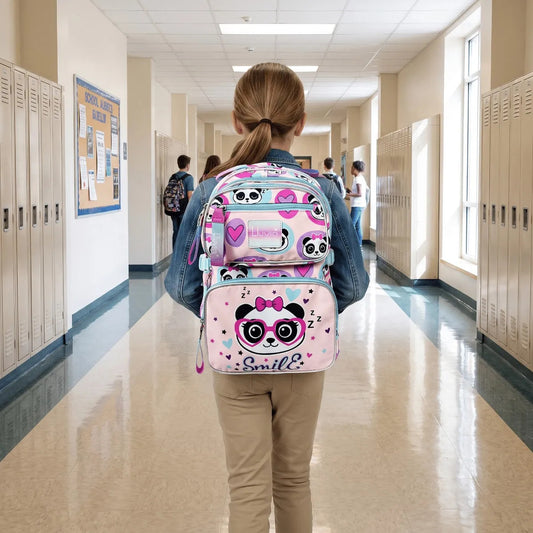 Mochila Escolar Juvenil Lluvia Negro Panda con Lentes Corazón