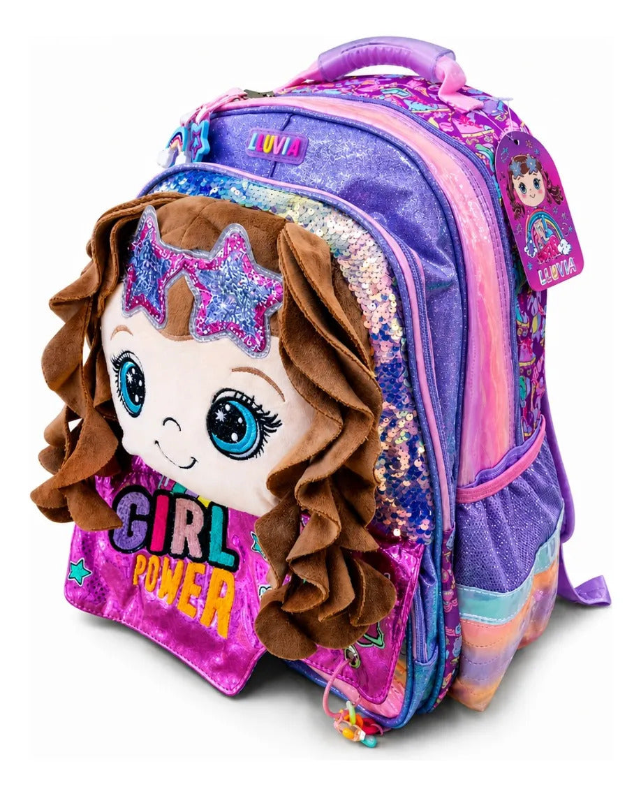 Mochila Lluvia Girl Power Con Muñeca Y Lentejuela Reversible
