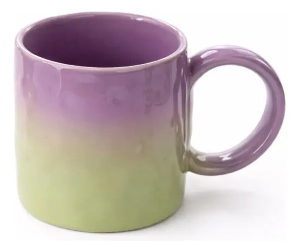 Taza Tornasol De Cerámica Con Tapa Y Cuchara Metalica 380 Ml