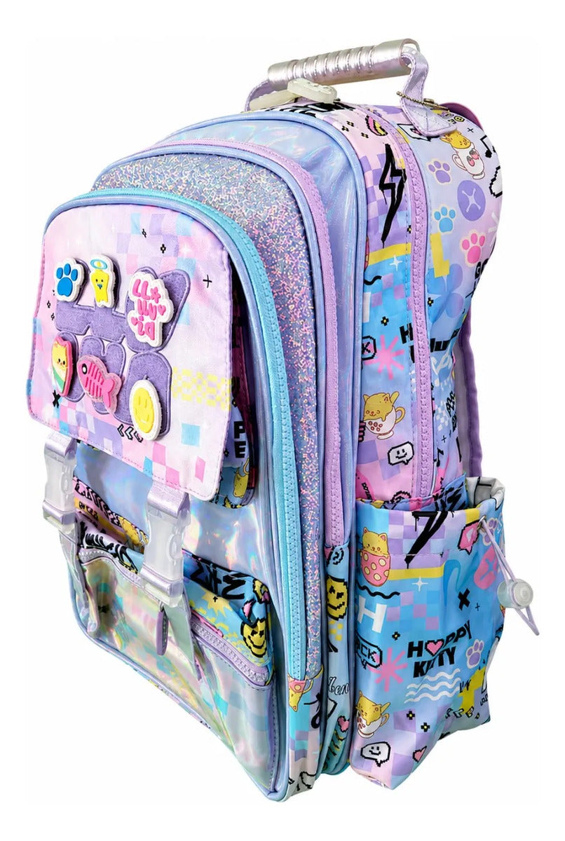 Mochila Escolar Lluvia Tornasol Parches Intercambiables