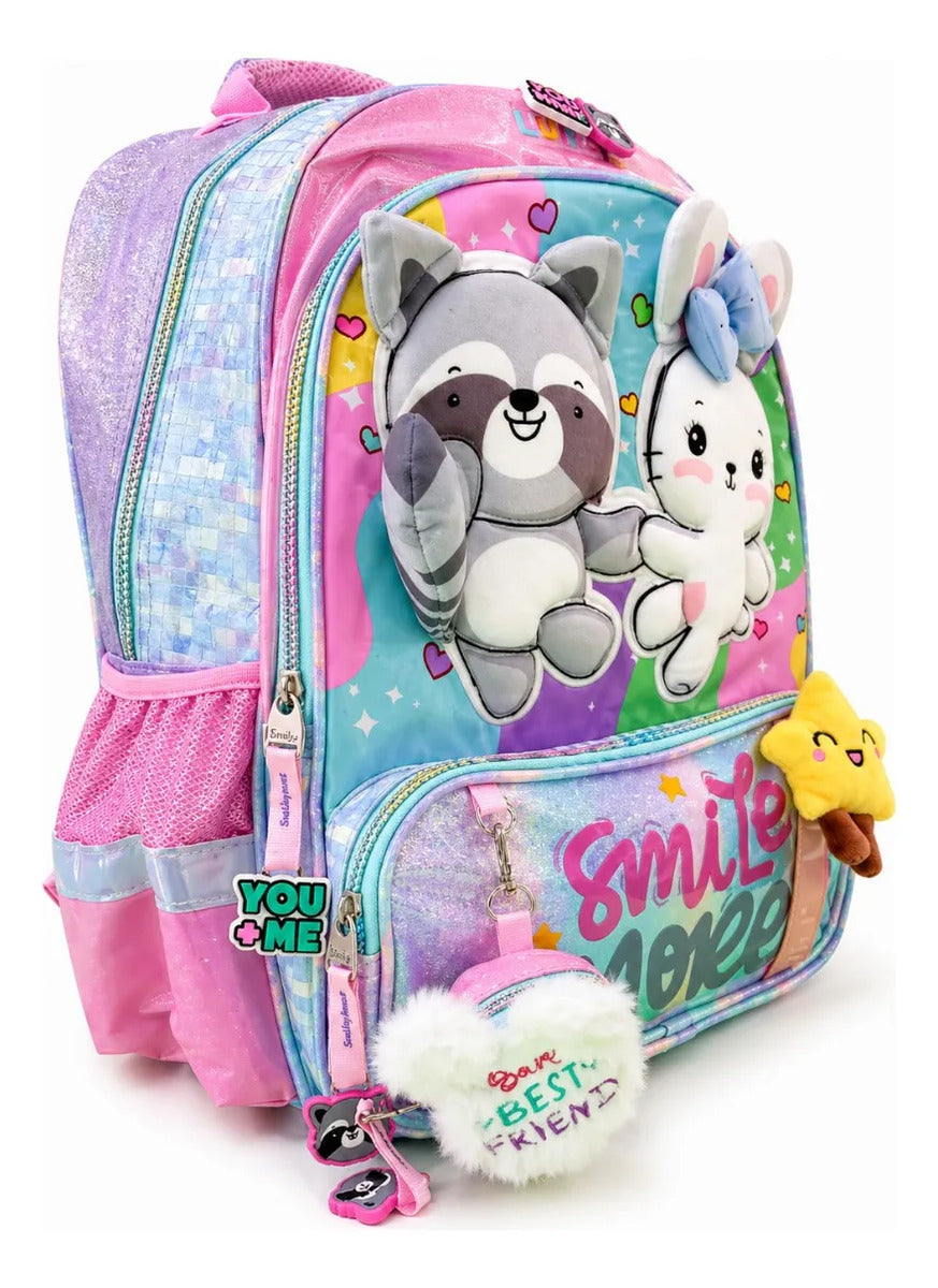Mochila Lluvia Con Mapache 3d Conejita Y Monedero Plush