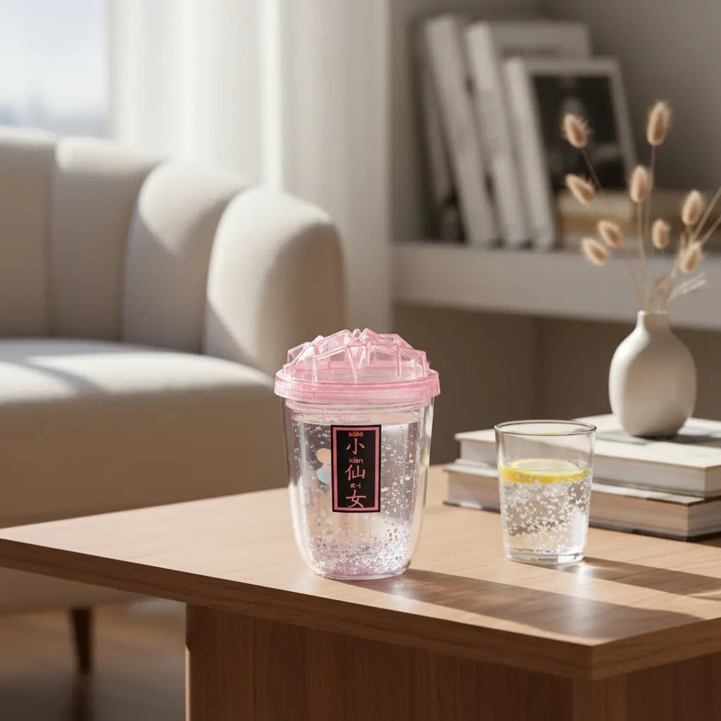 Vaso 450 Ml Con Glitter Suelto Tapa Hielo Diseño Creativo