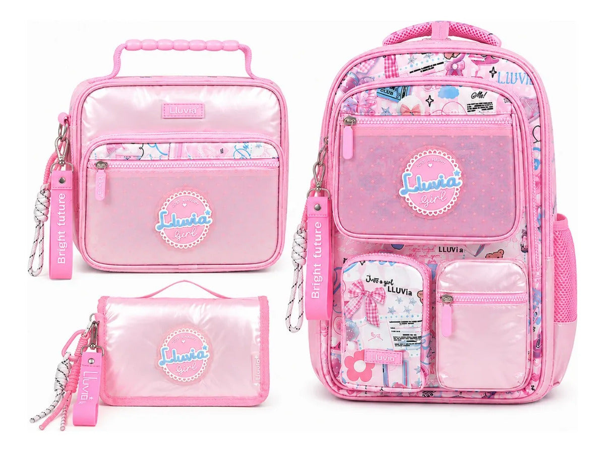 Set Mochila Lluvia Girl Rosa Satinada Con Bolsillo Antirrobo