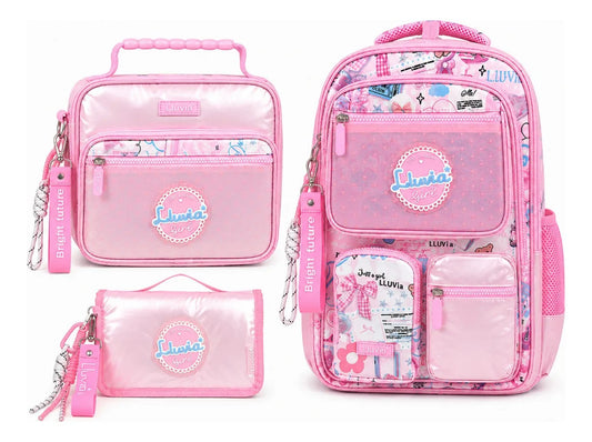 Set Mochila Lluvia Girl Rosa Satinada Con Bolsillo Antirrobo