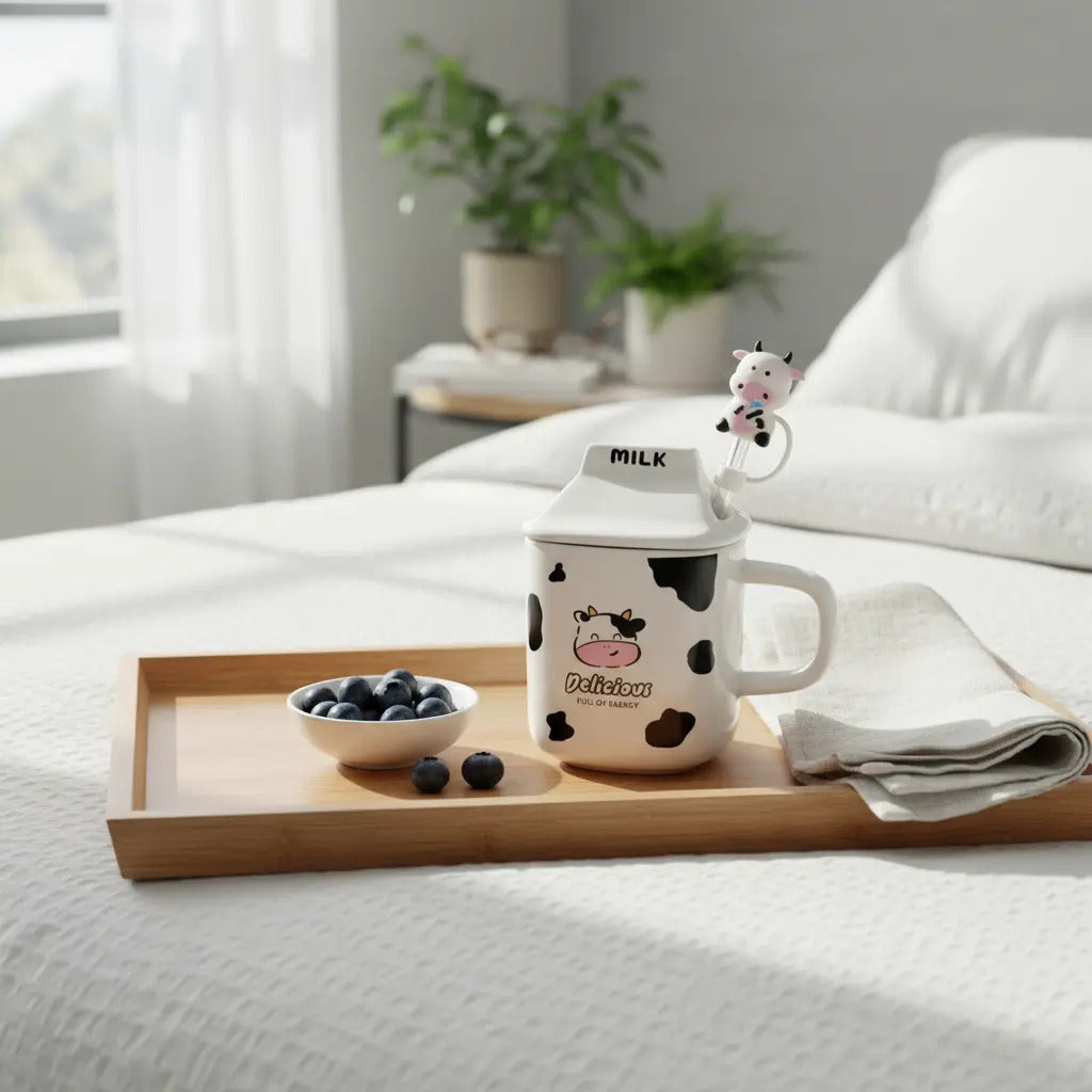 Taza Figura Caja De Leche Con Vaca Con Tapa Y Popote 330ml