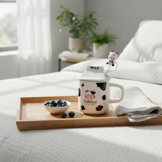 Taza Figura Caja De Leche Con Vaca Con Tapa Y Popote 330ml