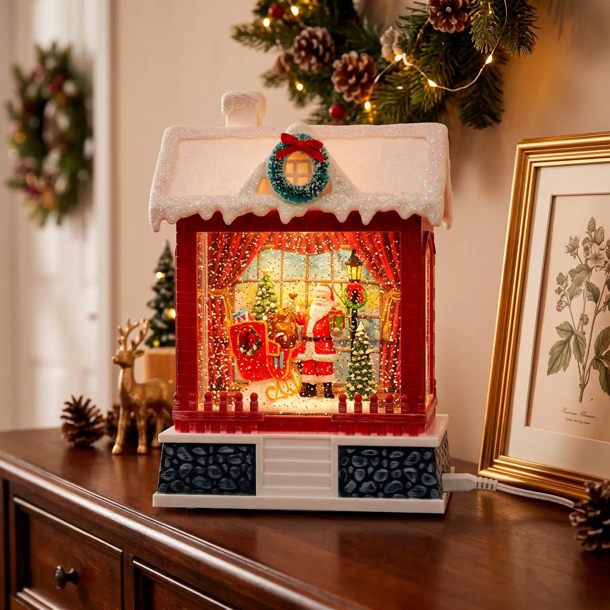 Lámpara Navideña Casita Roja Efecto Nieve Santa Claus 19 cm