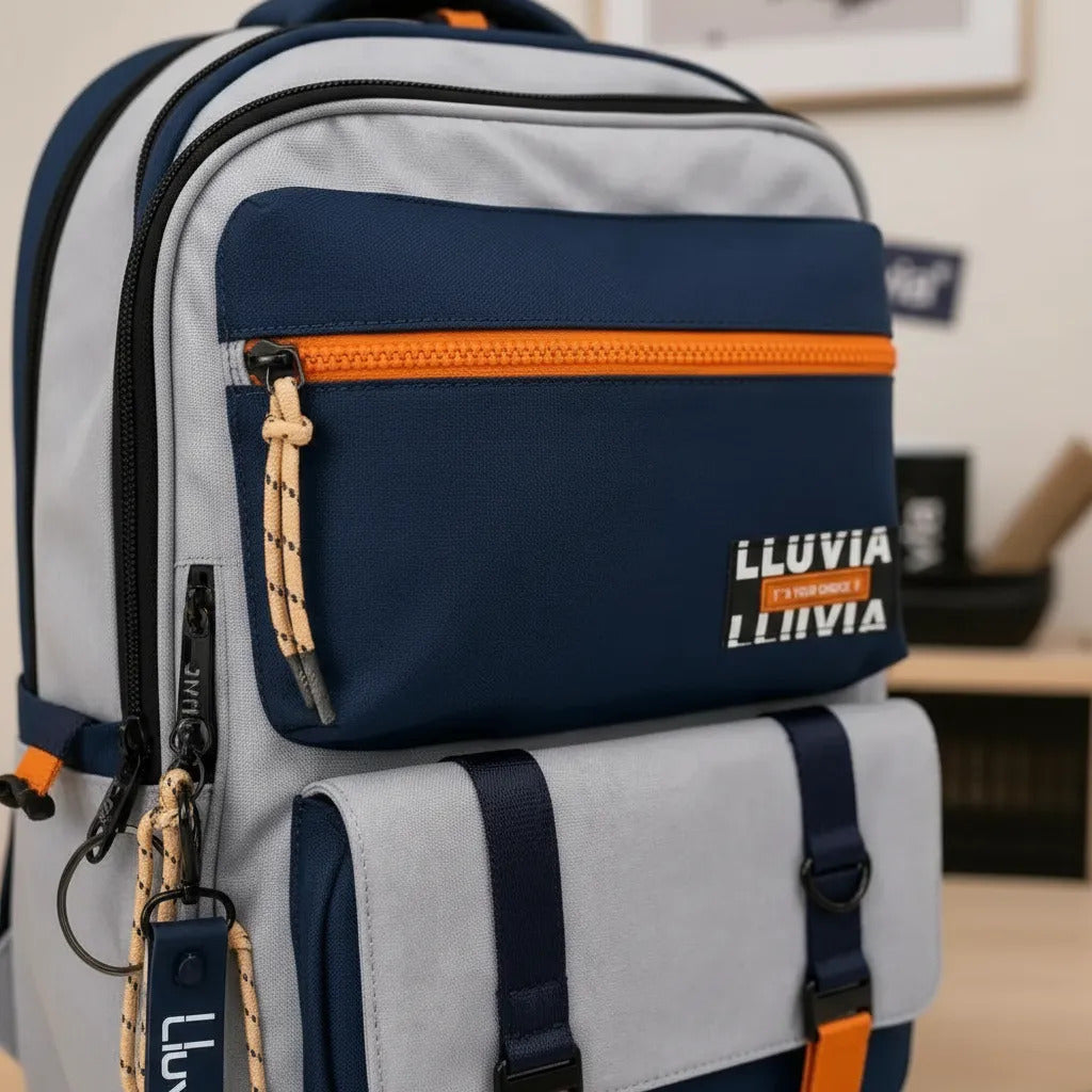 Mochila Juvenil Lluvia Azul Gris Con Detalles Naranja