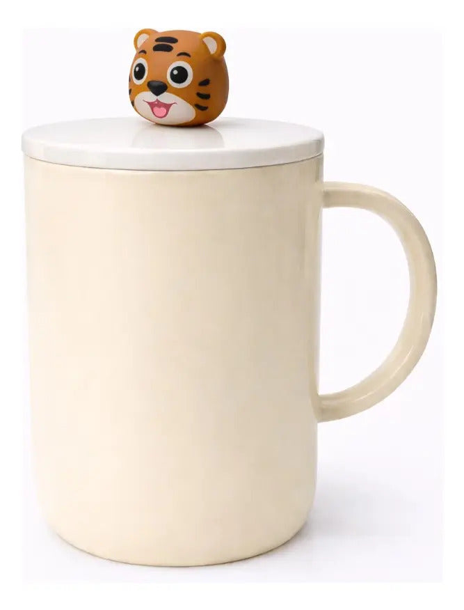 Taza Con Tapa Decorativa De Animales 380ml Marca Lluvia