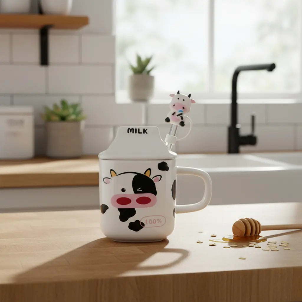Taza Figura Caja De Leche Con Vaca Con Tapa Y Popote 330ml