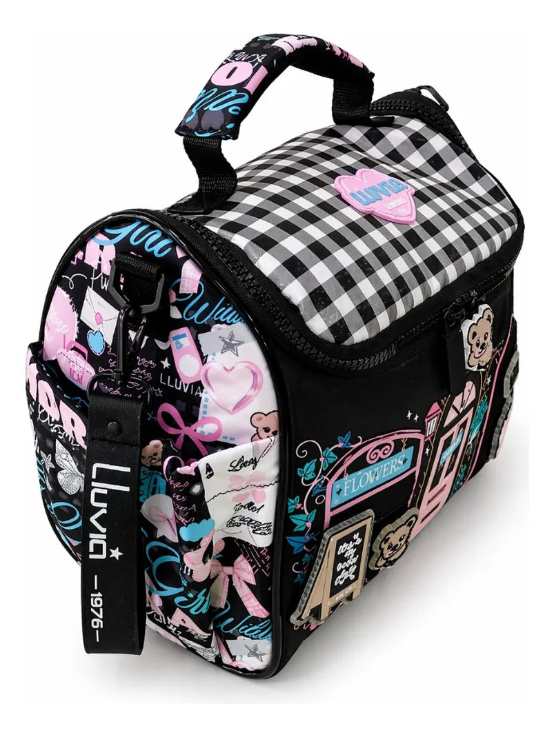 Lonchera Juvenil Lluvia Diseño Floral Negro Interactivo