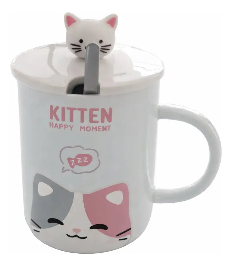 Taza Con Tapa Decorativa De Animales 380ml Marca Lluvia