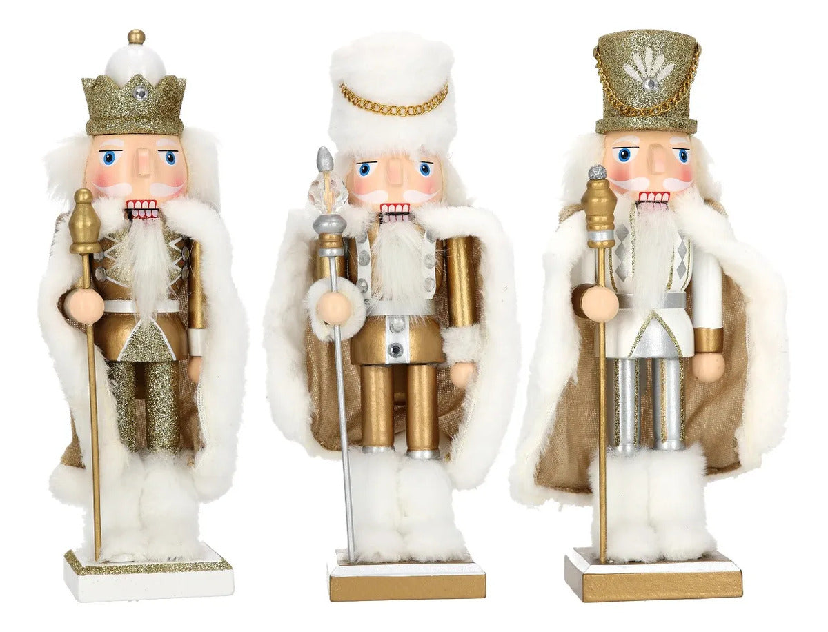 Cascanueces lluvia Rey Navideño Blanco Dorado 25 Cm 1 Pieza