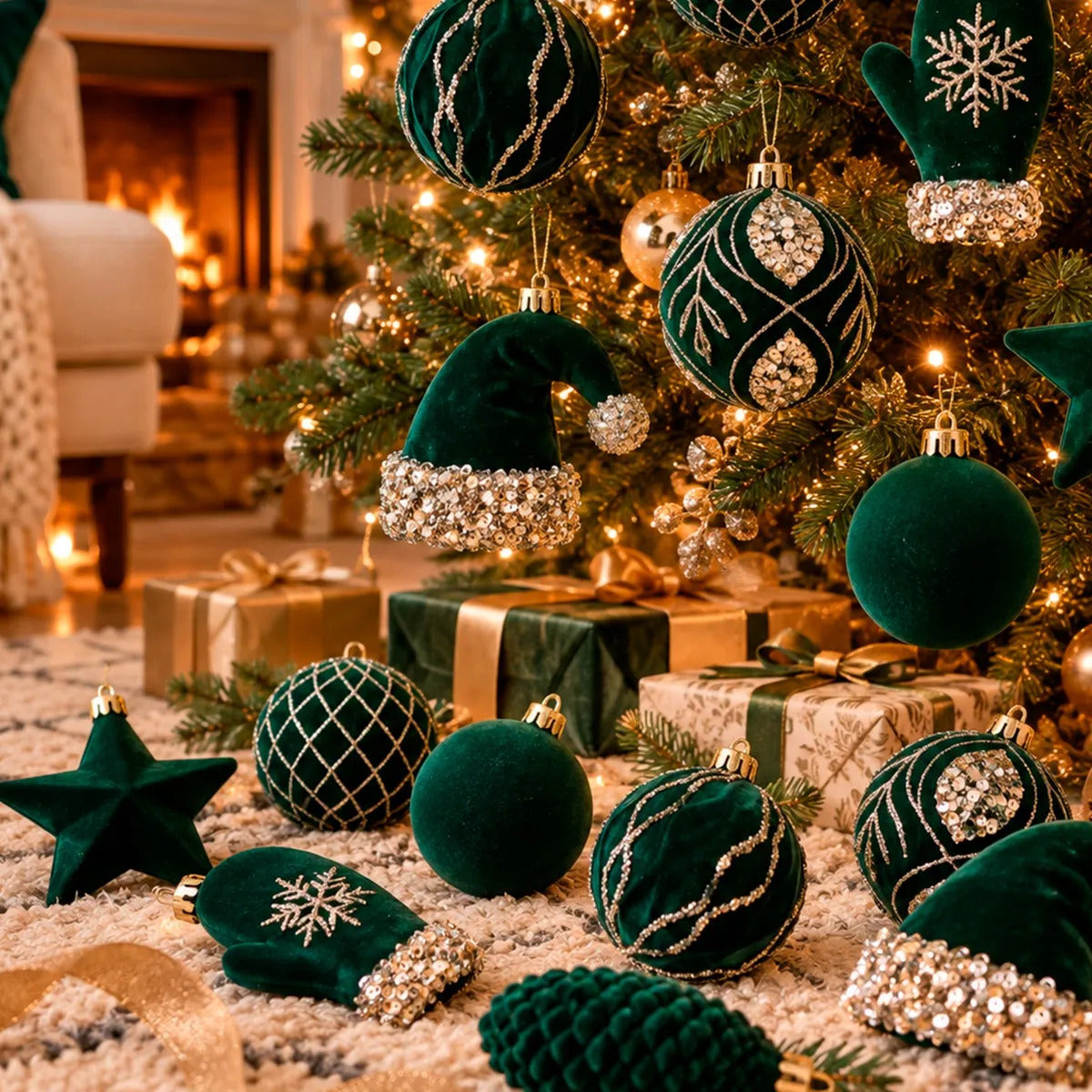 Esferas lluvia Verde Con Glitter Champagne y Figuras Navidad