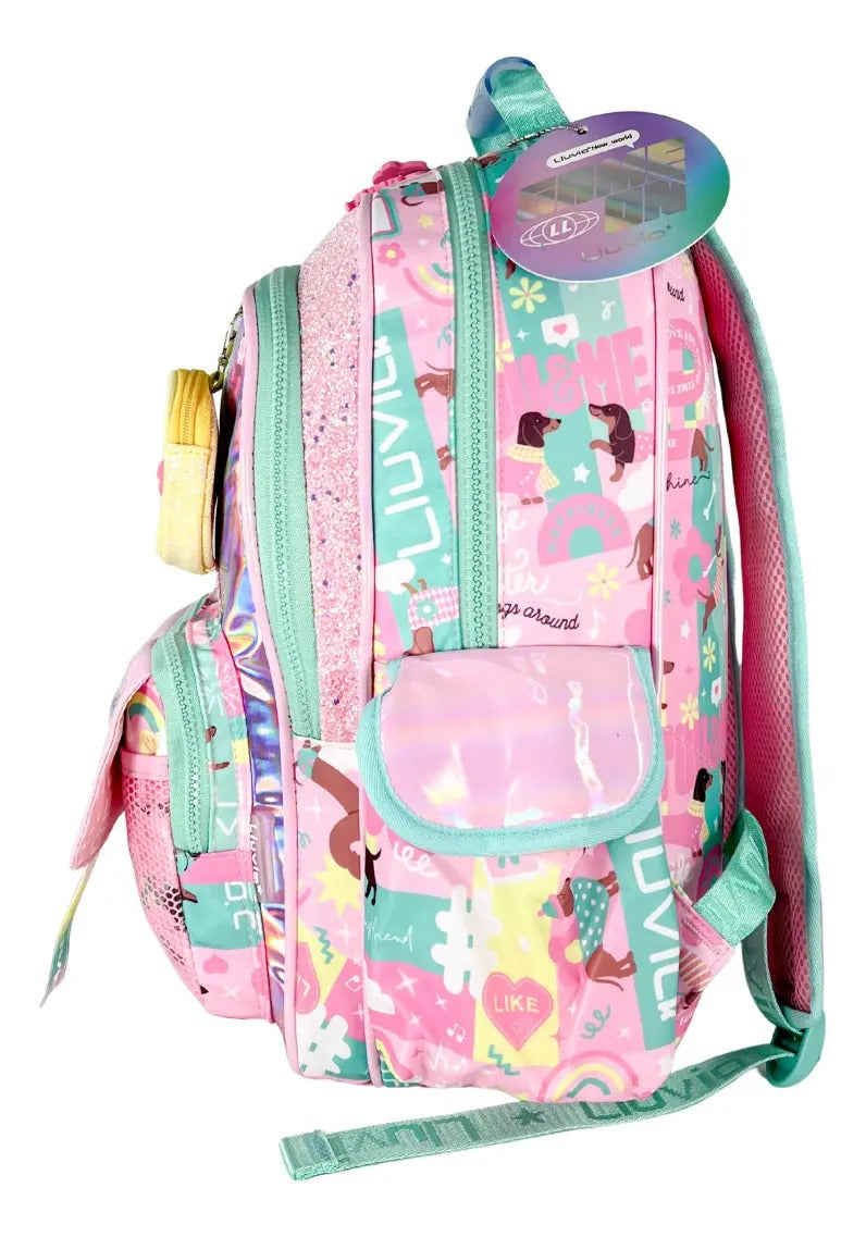 Mochila Escolar Lluvia Rosa Tornasol Con Compartimento Y Bolsillo Botella Liso