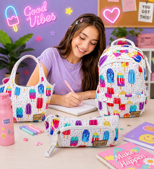 Set Tres Piezas Lluvia Mochila Lonchera Paletas De Colores