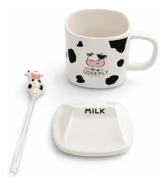 Taza Figura Caja De Leche Con Vaca Con Tapa Y Popote 330ml