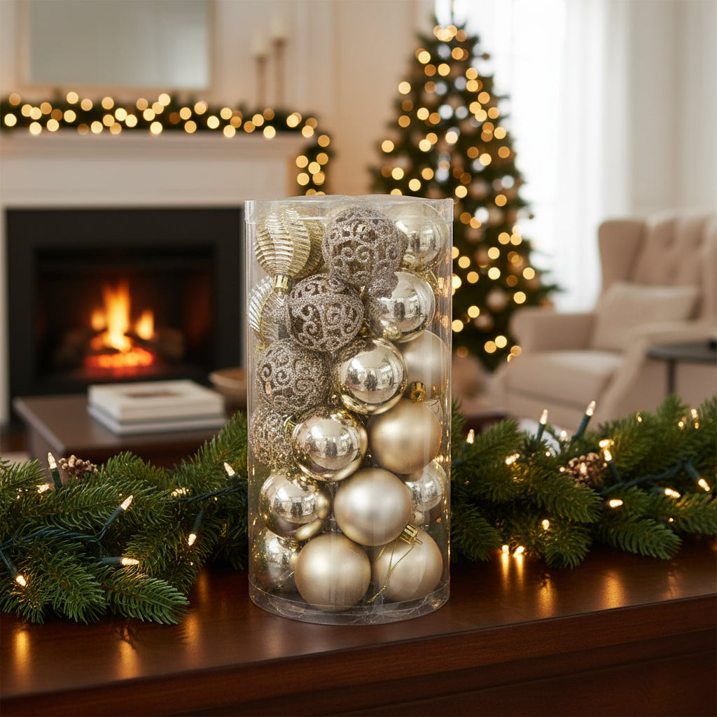 Esferas Navideñas 30 Piezas 8 Cm Marca Lluvia Champagne