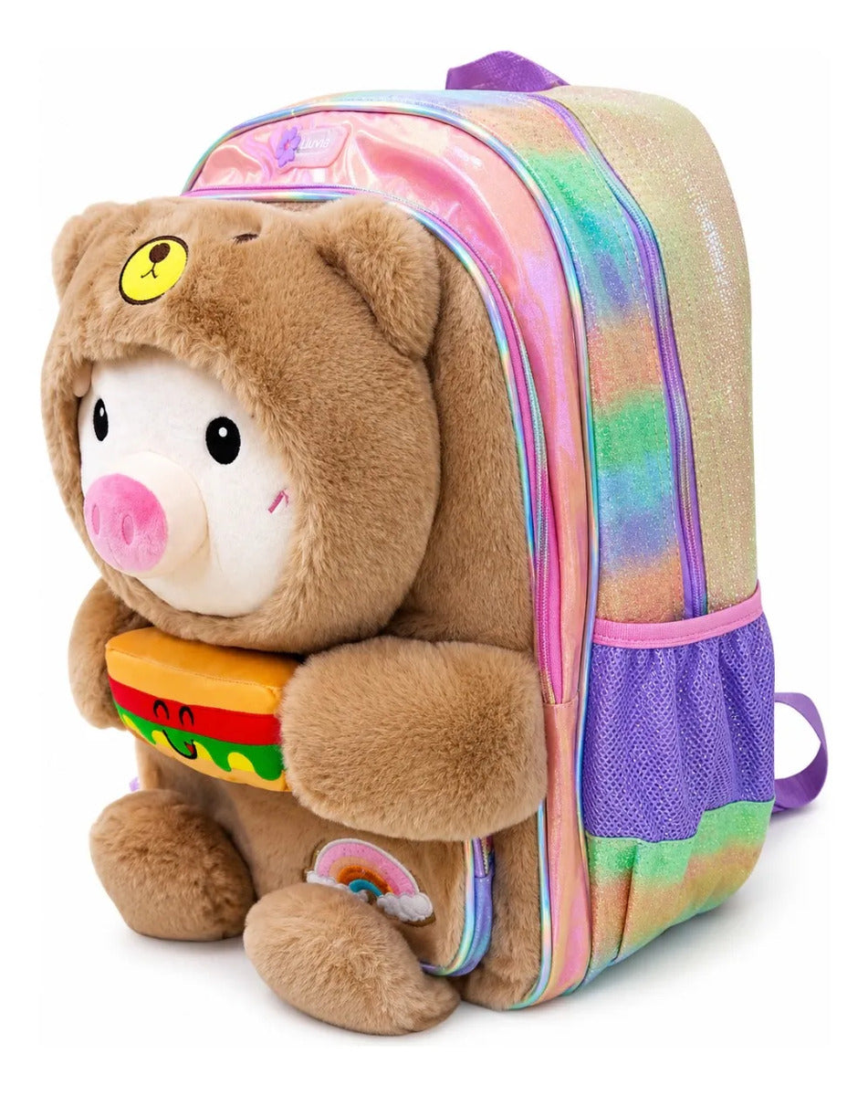 Mochila Escolar Kinder Lluvia Osito Marrón Peluche Tornasol