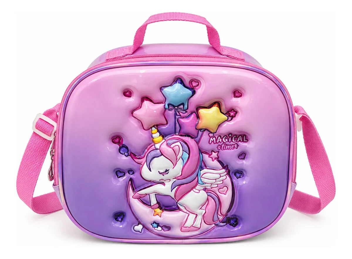 Set Escolar Unicornio Mágico Rosa Lila Mochila Tres Piezas