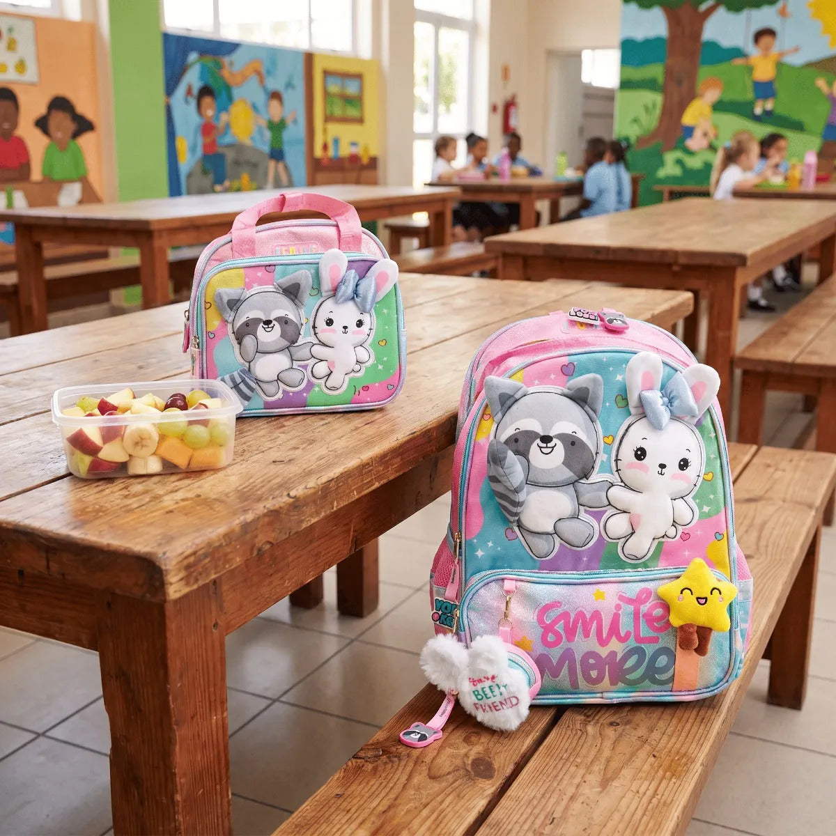 Set Escolar Lluvia Multicolor Mapache y Conejita Dos Piezas