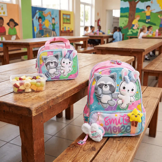 Set Escolar Lluvia Multicolor Mapache y Conejita Dos Piezas