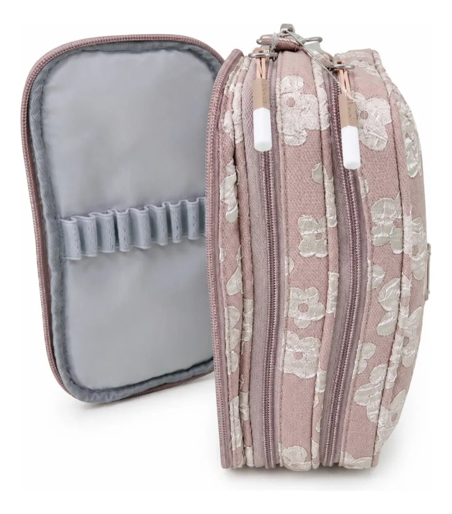 Lapicera Lluvia Rosa Vintage Floral En Relieve Triple Cierre