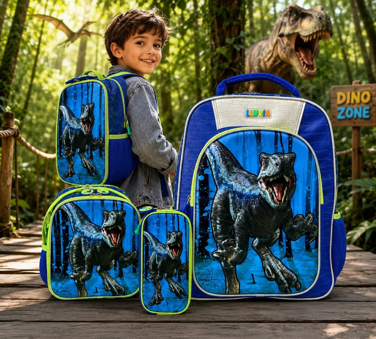 Set Tres Piezas Lluvia Dinosaurio T-rex Azul Verde Limón