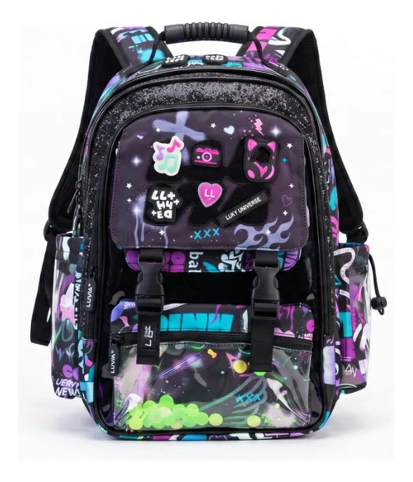 Mochila Escolar Lluvia Galaxy Con Parches Intercambiables