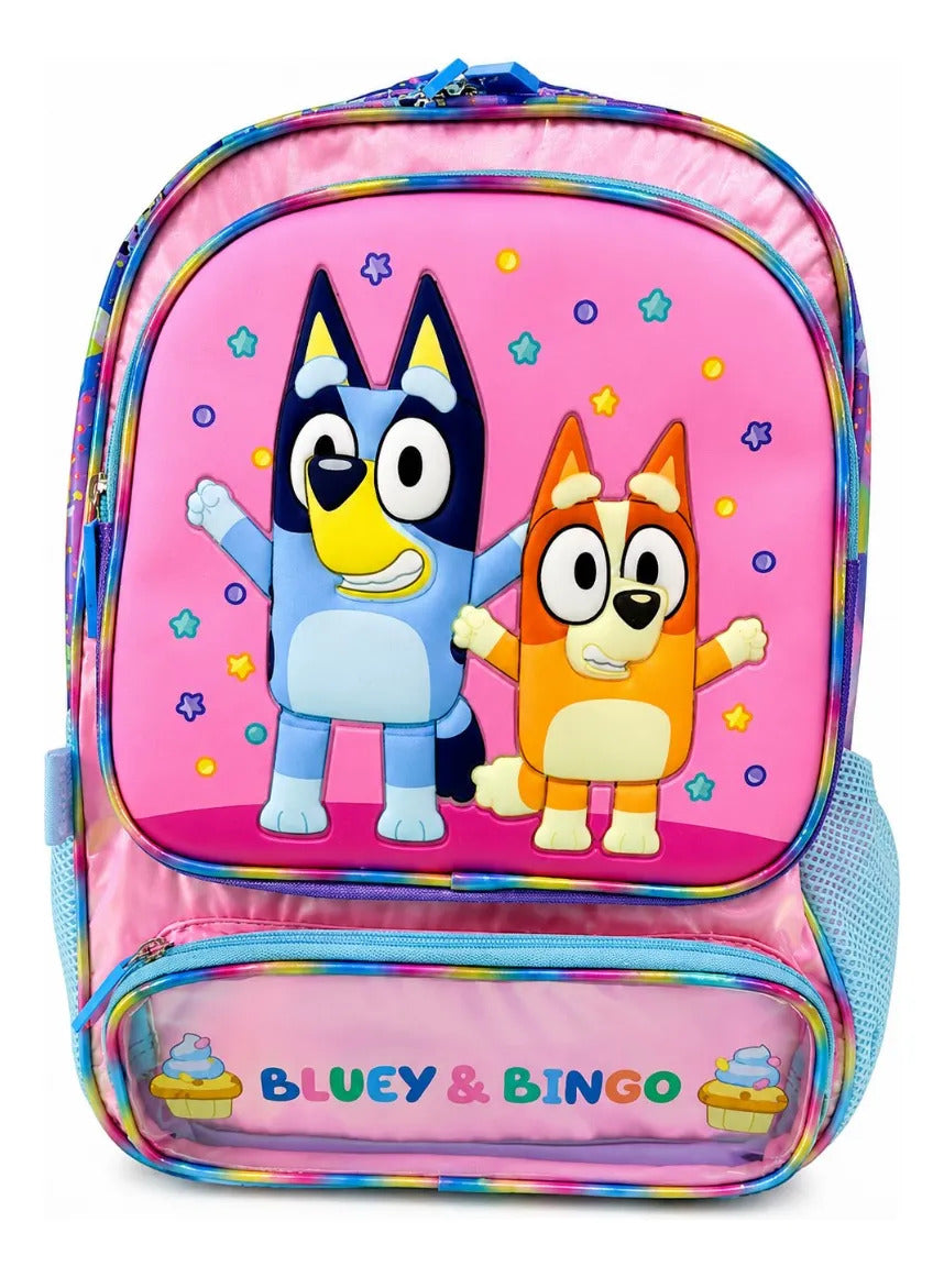 Set Mochila Primaria Bluey & Bingo Rosa Tornasol Tres Piezas
