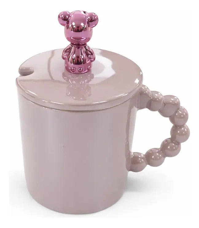 Taza Porcelana Con Oso Metalico Y Tapa 420 Ml