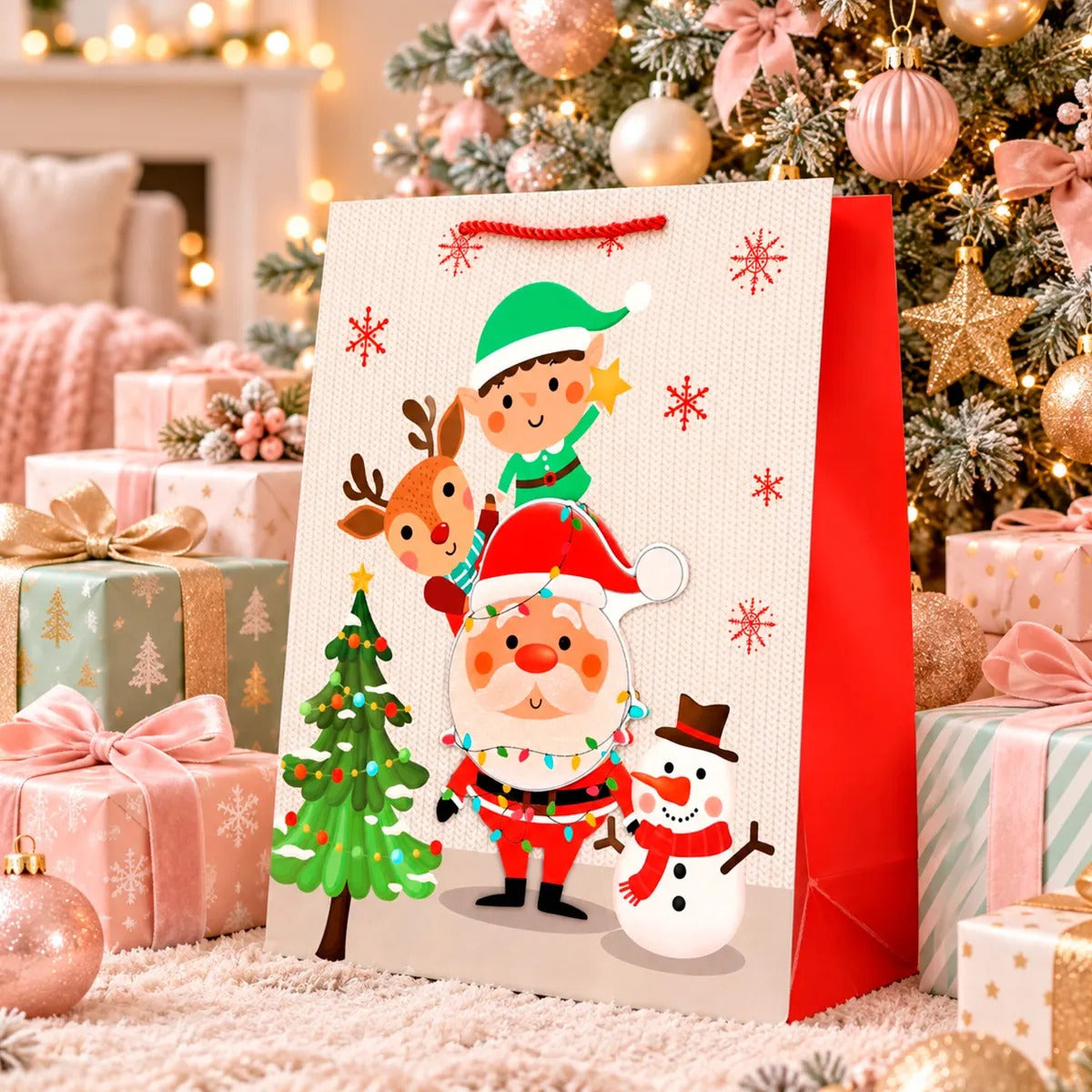 Bolsas de Regalo Navideñas Lluvia Santa 3D 12 Pzas 40cm