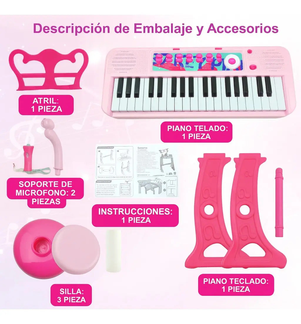Piano Infantil Rosa Candy Toys 37 Teclas Con Micrófono