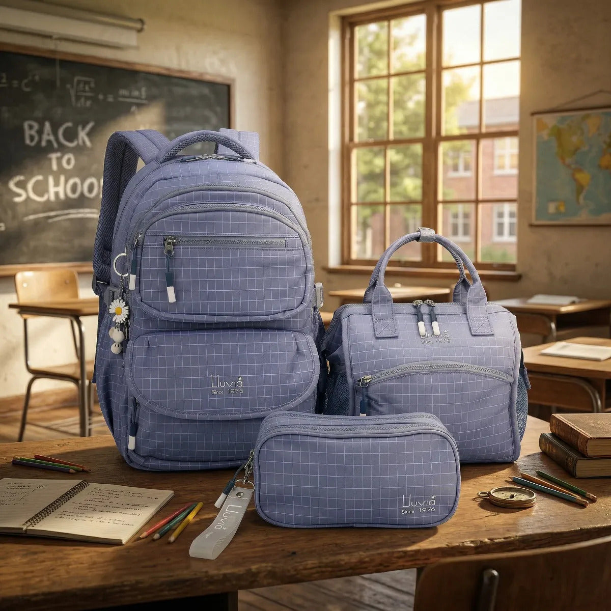 Set 3 Piezas Lluvia Azul Cuadros Mochila Lonchera Lapicera