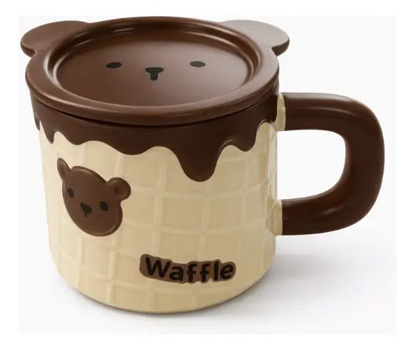 Taza Waffle De Oso Con Tapa Y Cuchara 500 Ml