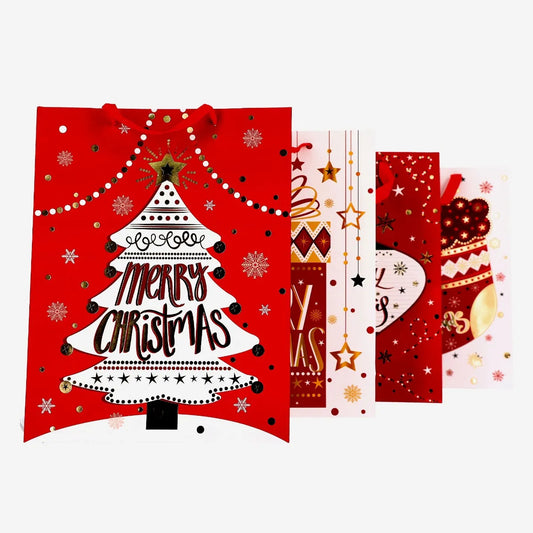Bolsas de Regalo Navideñas Lluvia Rojas Toques Oro 12 Pzas