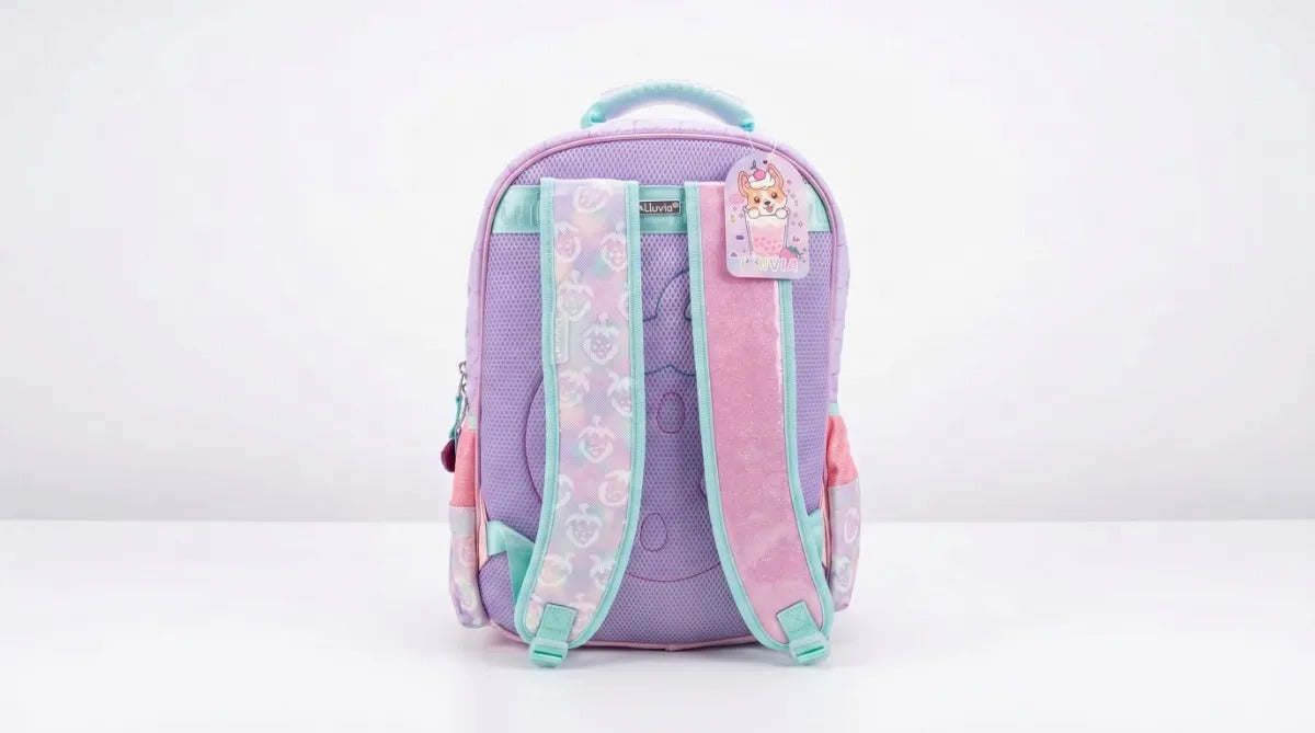 Mochila Lluvia Perrito 3d Vaso Tapioca Color Lila Acolchada
