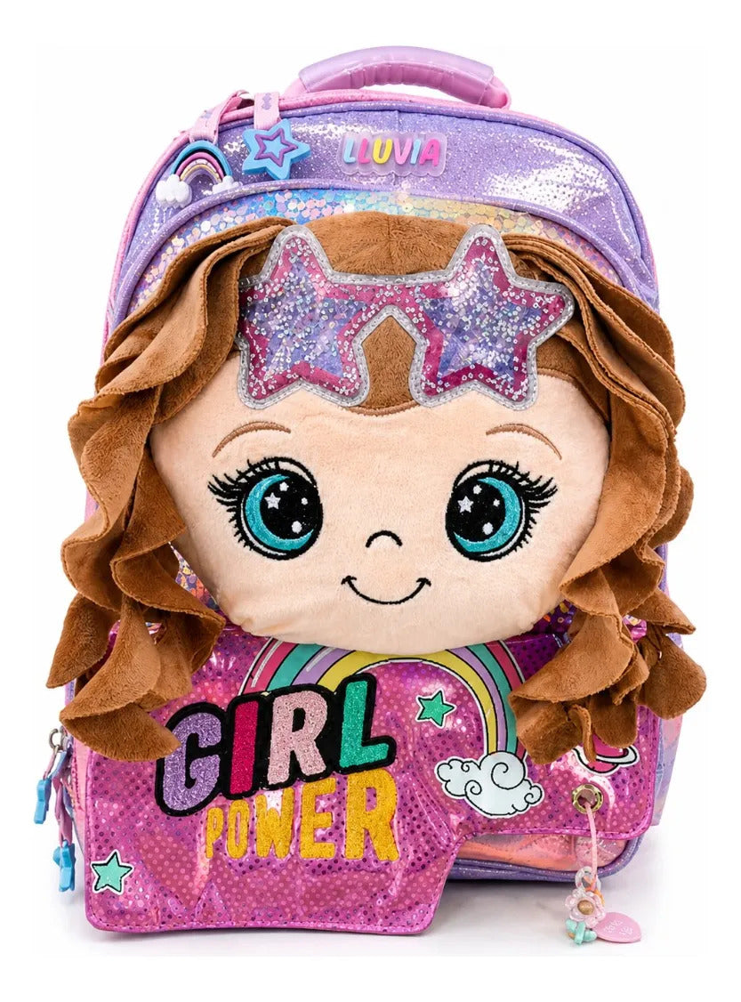 Mochila Lluvia Girl Power Con Muñeca Y Lentejuela Reversible