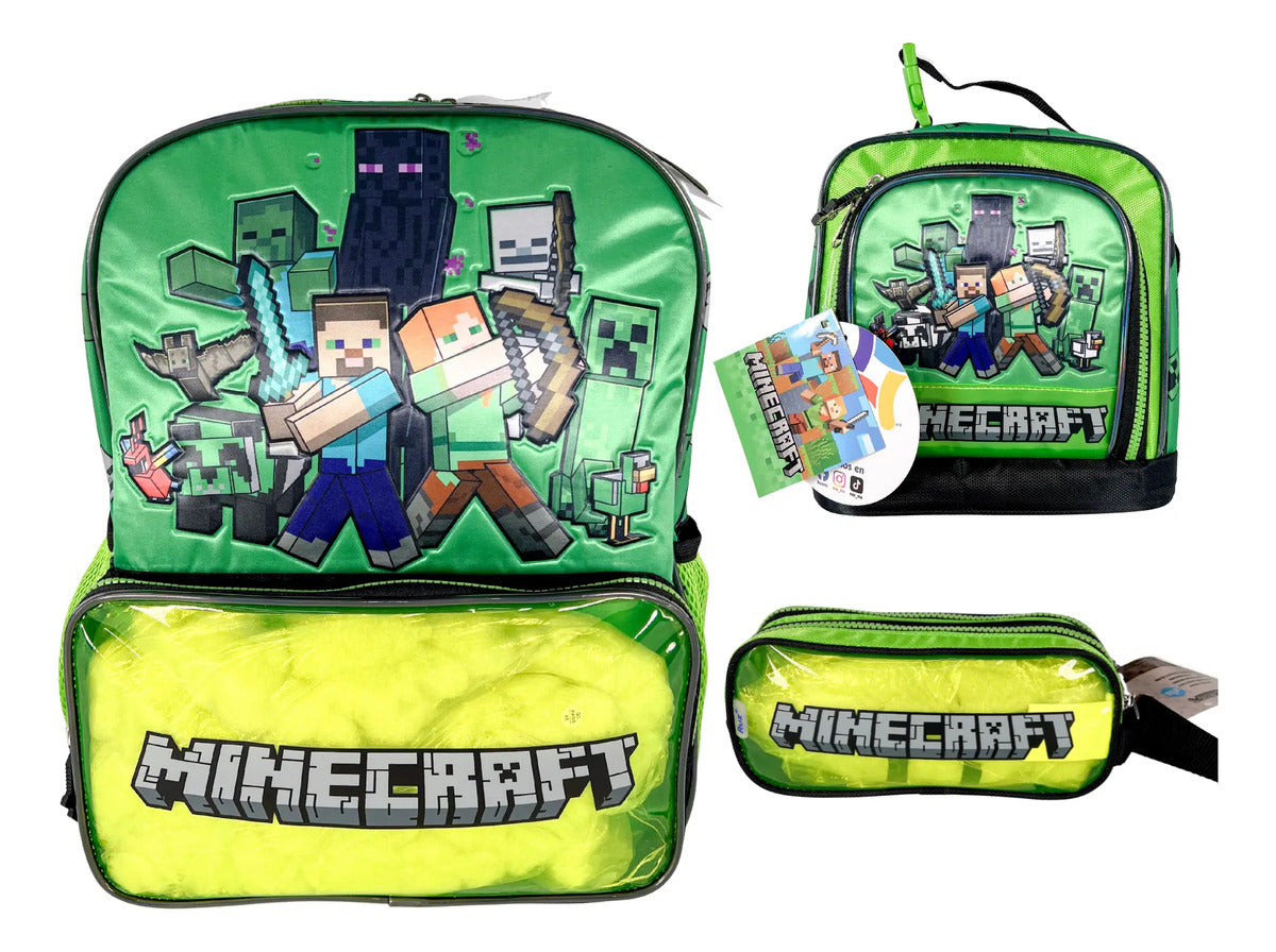 Mochila Primaria 3 Piezas Minecraft Aventuras Pixeladas