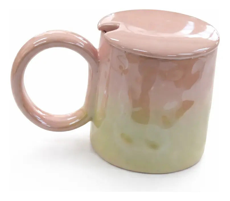 Taza Tornasol De Cerámica Con Tapa Y Cuchara Metalica 380 Ml