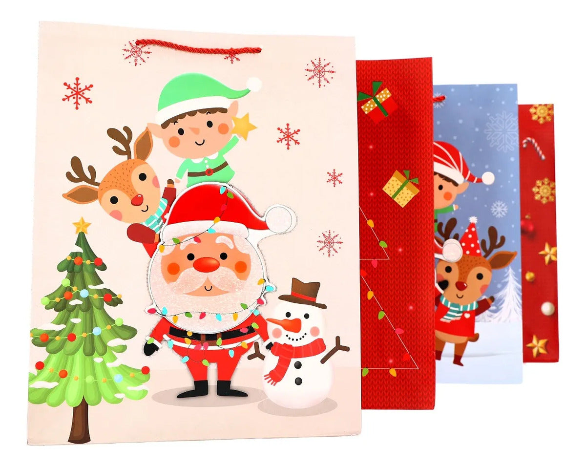 Bolsas de Regalo Navideñas Lluvia Santa 3D 12 Pzas 40cm