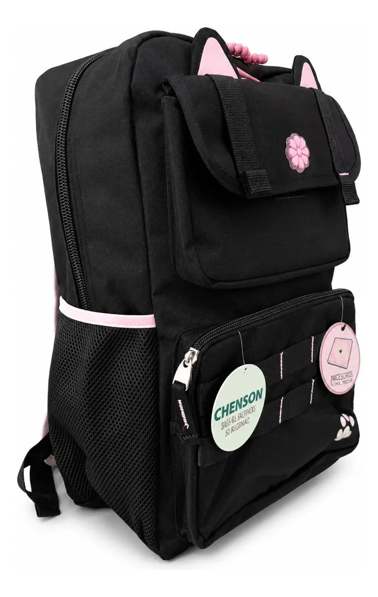 Mochila Escolar Chenson Happy Girl Negra Con Detalles Rosa