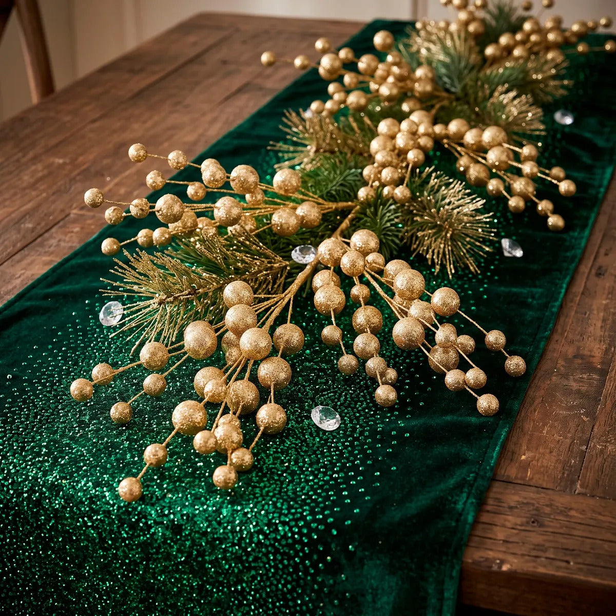 Set 3 Ramas Navideñas lluvia Bayas Doradas Glitter 30 Cm