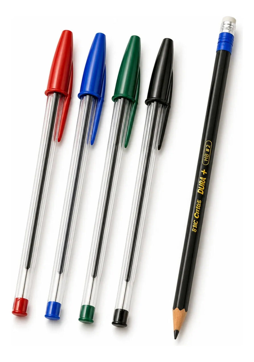 Plumas Bic Cristal Dura Mas Colores Básicos Con Lápiz Hb