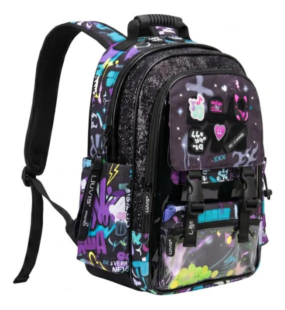 Mochila Escolar Lluvia Galaxy Con Parches Intercambiables