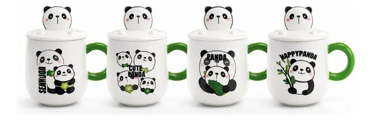 Taza Panda Kawaii Con Tapa Y Agitador Metálico 380ml